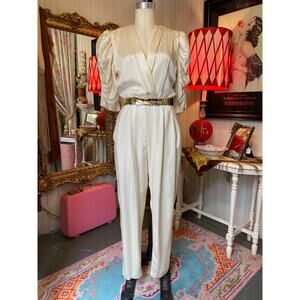 vintage 1980s cream satin jumpsuit 80s wedding suit ruched puff sleeves barbara